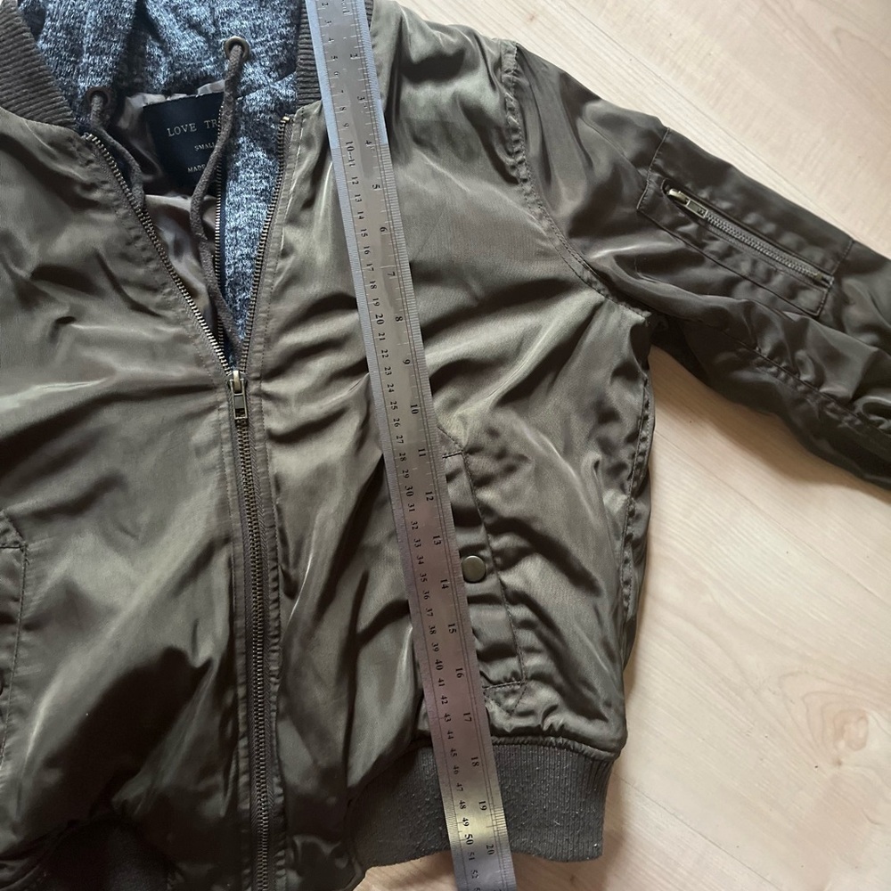 Love Tree Olive Bomber Jacket with Knit Hood- Size Small - Picture 10 of 10